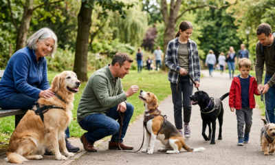 A diverse group of people of various ages interacting with their dogs in a sunny park. A senior woman pets a Golden Retriever on a bench, a man kneels to offer a treat to a Beagle, a young girl walks a Black Labrador, and a man and a young boy walk a small Terrier on a leash."