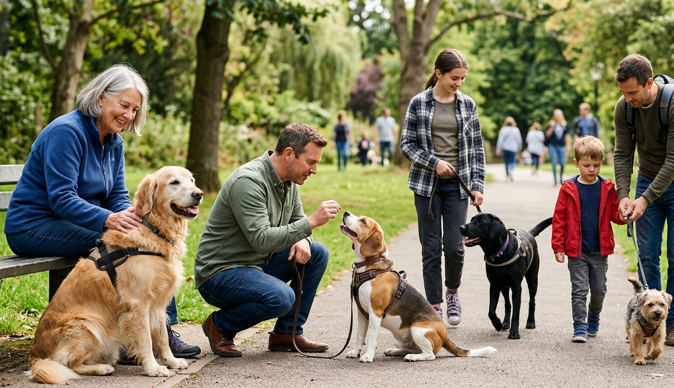 A diverse group of people of various ages interacting with their dogs in a sunny park. A senior woman pets a Golden Retriever on a bench, a man kneels to offer a treat to a Beagle, a young girl walks a Black Labrador, and a man and a young boy walk a small Terrier on a leash."