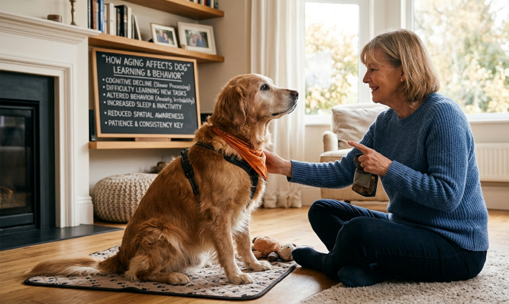 senior dog training in the room. a golden dog sitting with old woman