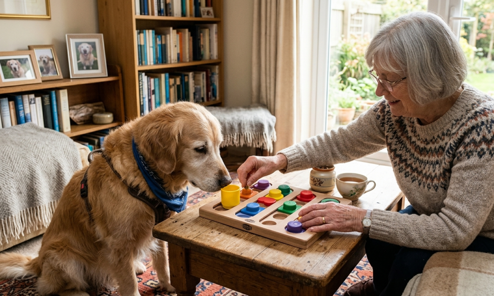A senior dog sits patiently on a rug while interacting with a colorful wooden puzzle toy guided by an elderly woman in a cozy living room.
