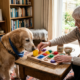 A senior dog sits patiently on a rug while interacting with a colorful wooden puzzle toy guided by an elderly woman in a cozy living room.