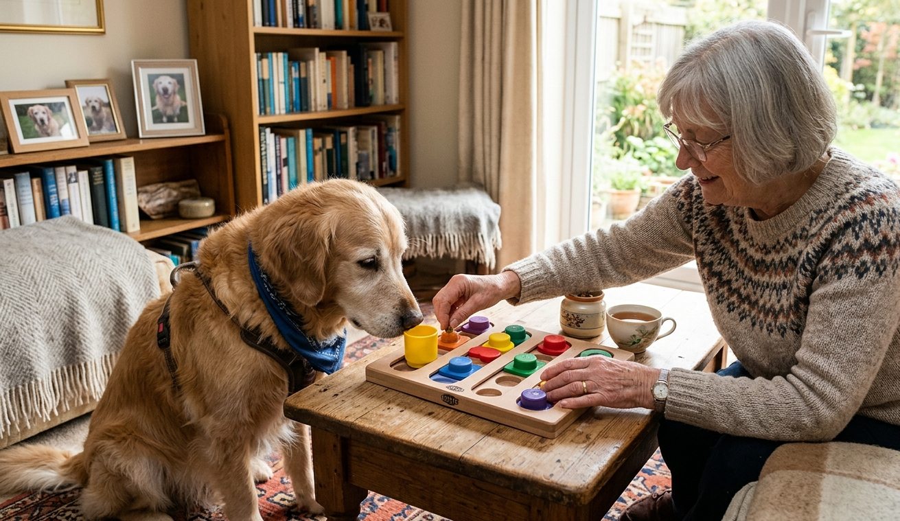 A senior dog sits patiently on a rug while interacting with a colorful wooden puzzle toy guided by an elderly woman in a cozy living room.