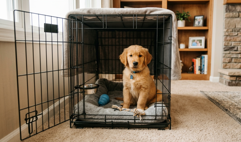 8 to 10 week puppy training a puppy sit in cage.