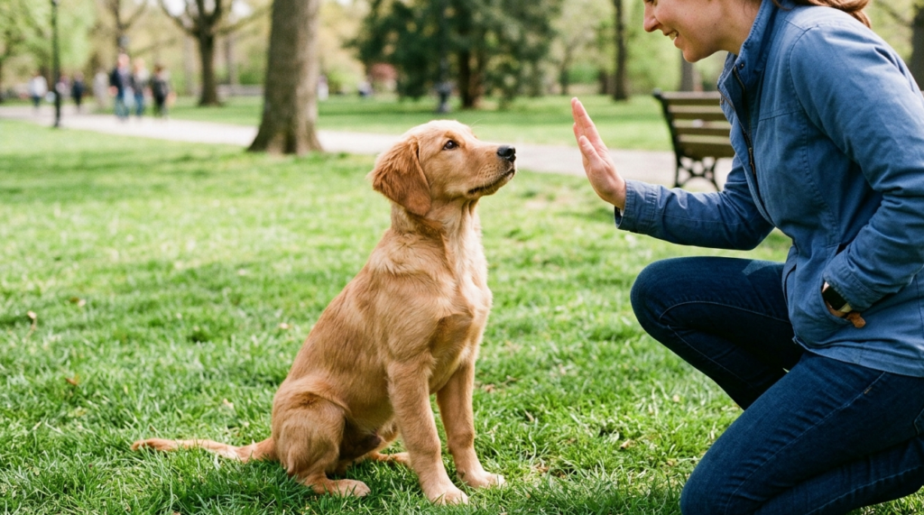 puppy training in the park.
