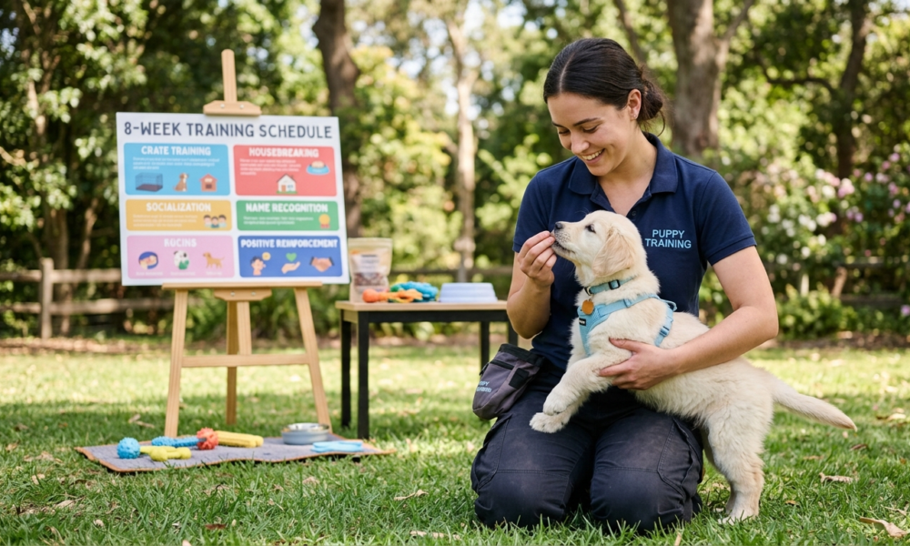 8 week puppy training schedule. puppy training in park. a white puppy in the hand of female . puppy toys are present