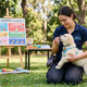 8 week puppy training schedule. puppy training in park. a white puppy in the hand of female . puppy toys are present