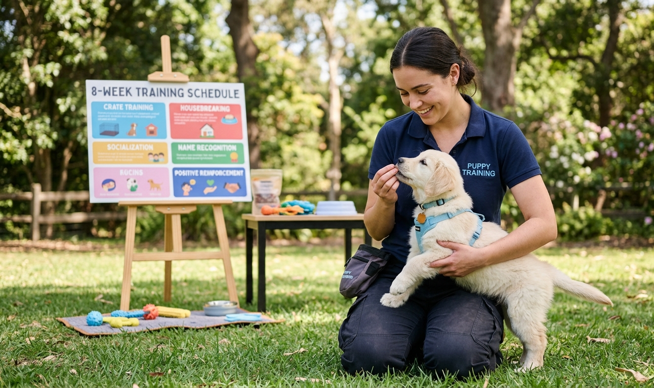 8 week puppy training schedule. puppy training in park. a white puppy in the hand of female . puppy toys are present