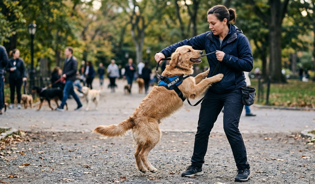 Training an adolescent dog in the park 