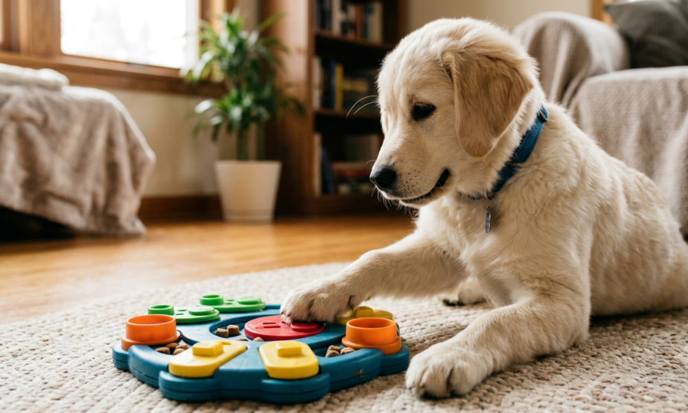 A happy golden retriever dog playing with a wooden puzzle toy on a living room rug, illustrating mental stimulation for dogs to keep them happy and healthy.