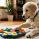 A happy golden retriever dog playing with a wooden puzzle toy on a living room rug, illustrating mental stimulation for dogs to keep them happy and healthy.