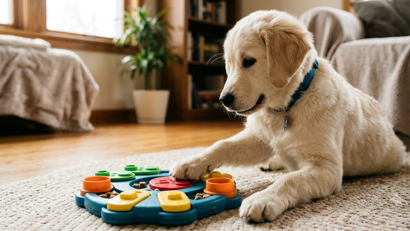 A happy golden retriever dog playing with a wooden puzzle toy on a living room rug, illustrating mental stimulation for dogs to keep them happy and healthy.