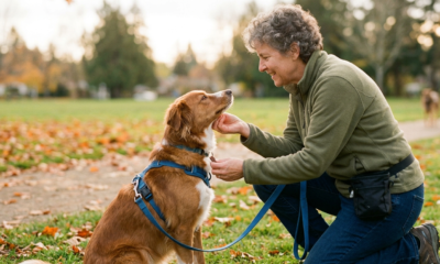 An older woman with curly gray hair, wearing a green fleece jacket and jeans, kneels on the grass in a park on an autumn day. She is gently touching the chin of a medium-sized, brown and white adult dog wearing a blue harness and leash. The dog is sitting and looking up attentively at her face. A black treat pouch is clipped to the woman's waist, and fallen orange leaves scatter the ground behind them.