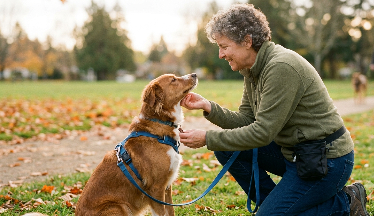 An older woman with curly gray hair, wearing a green fleece jacket and jeans, kneels on the grass in a park on an autumn day. She is gently touching the chin of a medium-sized, brown and white adult dog wearing a blue harness and leash. The dog is sitting and looking up attentively at her face. A black treat pouch is clipped to the woman's waist, and fallen orange leaves scatter the ground behind them.