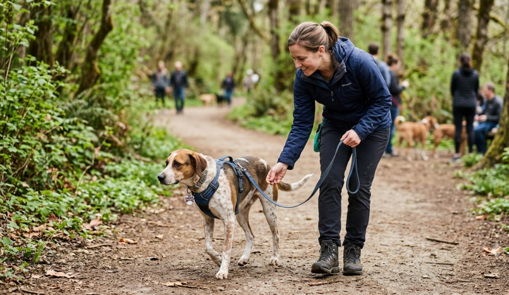 older dog training in the park . dog leash in the hand of female.