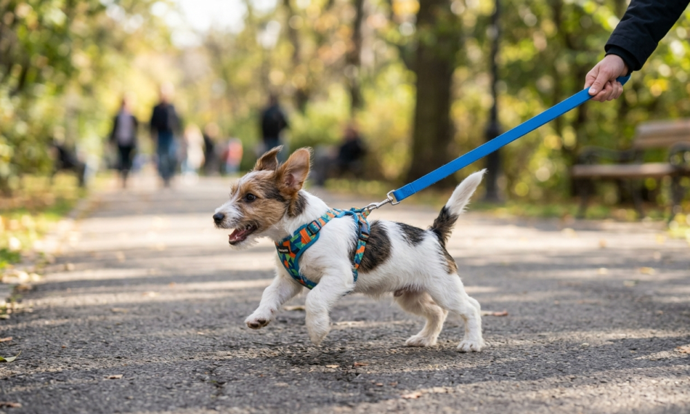hyper puppy leash training in the park a puppy leash in hand of female . puppy is hyper.