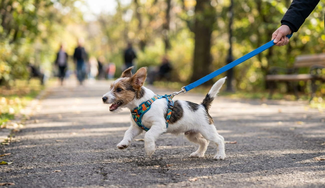 hyper puppy leash training in the park a puppy leash in hand of female . puppy is hyper.