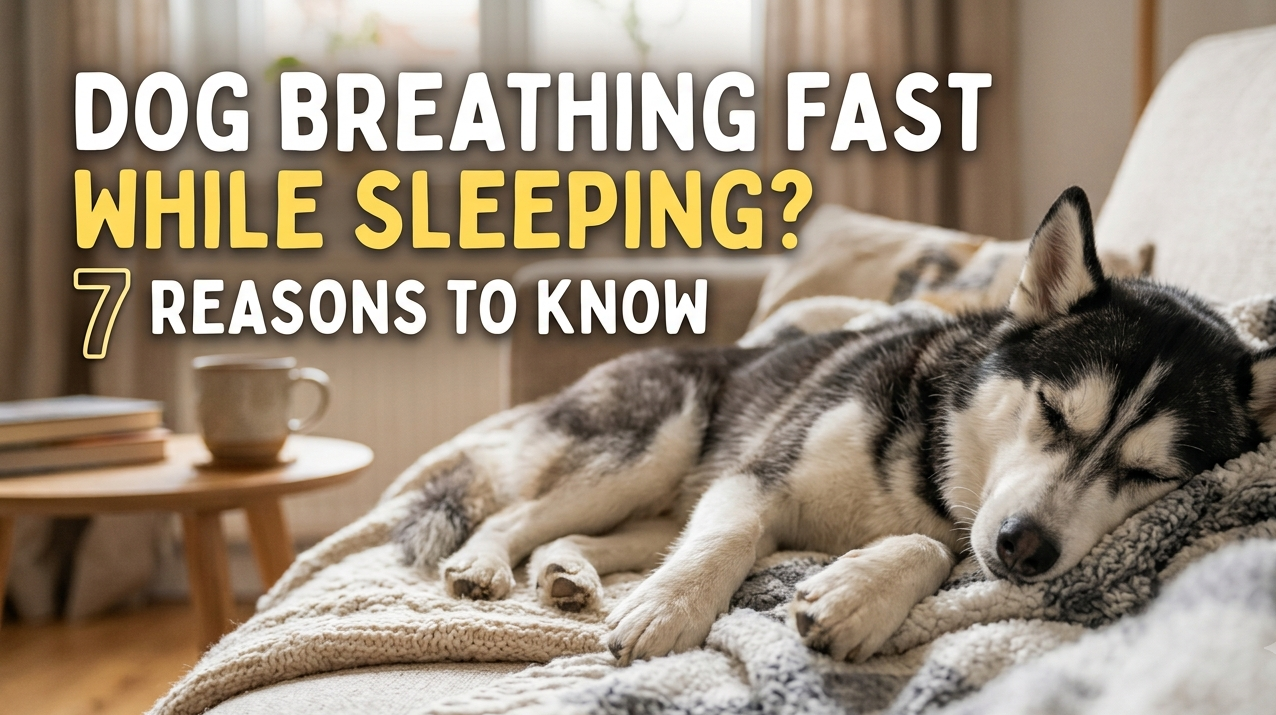 A photograph of a black and white Siberian Husky puppy fast asleep on a textured grey and cream blanket on a sofa. Large white and yellow text overlay in the upper left corner reads: 'DOG BREATHING FAST WHILE SLEEPING? 7 REASONS TO KNOW,' highlighting the number 7. A warm domestic background shows a coffee cup and books on a side table.
