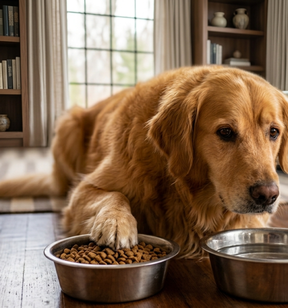 A Golden Retriever lying on a wooden floor, drinking water from a bowl while leaving its full food bowl untouched.