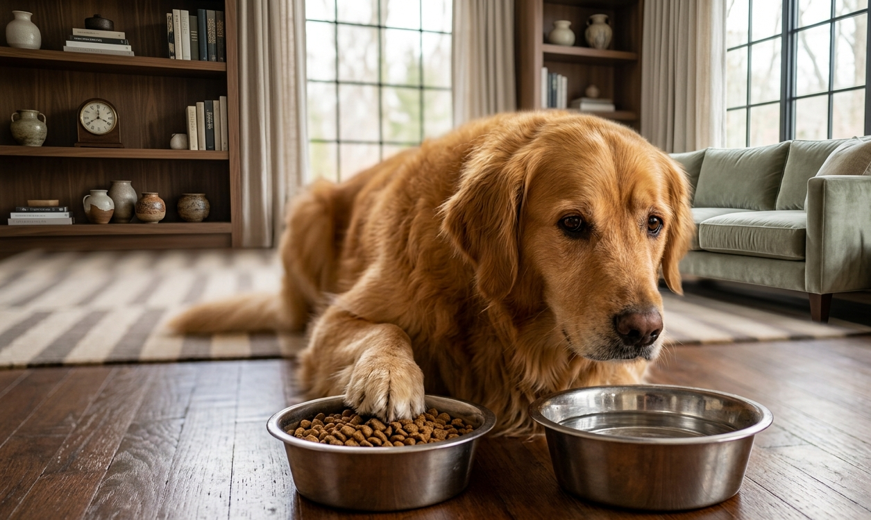 A Golden Retriever lying on a wooden floor, drinking water from a bowl while leaving its full food bowl untouched.