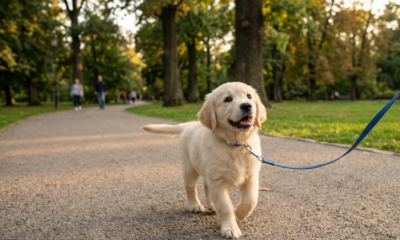 A cute Golden Retriever puppy walking happily on a leash along a paved pathway in a park during sunset, with green trees and a soft blurred background."
