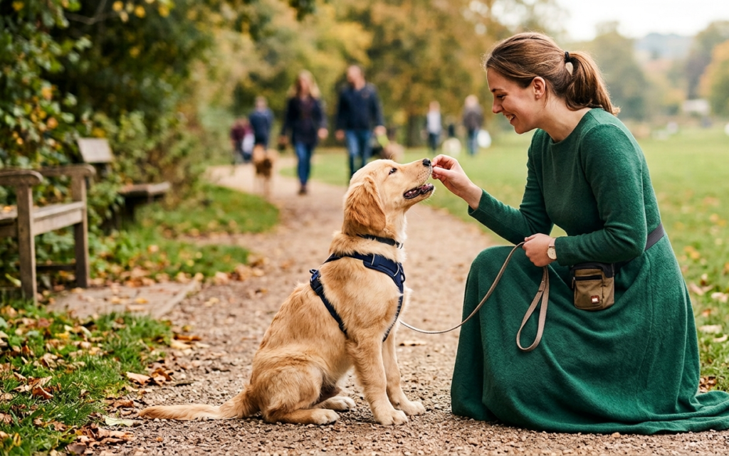 Dog training in the park  . A  female  giving food of dog 