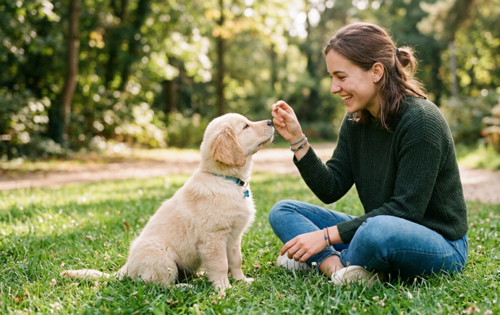 Puppy commands training in the park . a female giving food 