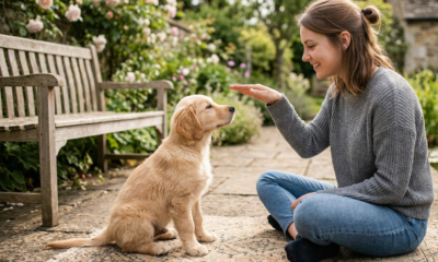 Puppy commands training at outside of home . puppy learn sitting command .