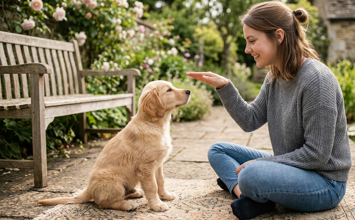 Puppy commands training at outside of home . puppy learn sitting command .
