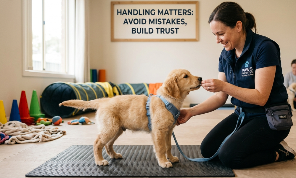 Common Puppy Training Mistakes to Avoid: A professional dog trainer uses positive reinforcement to train a Golden Retriever puppy during an indoor obedience training session.