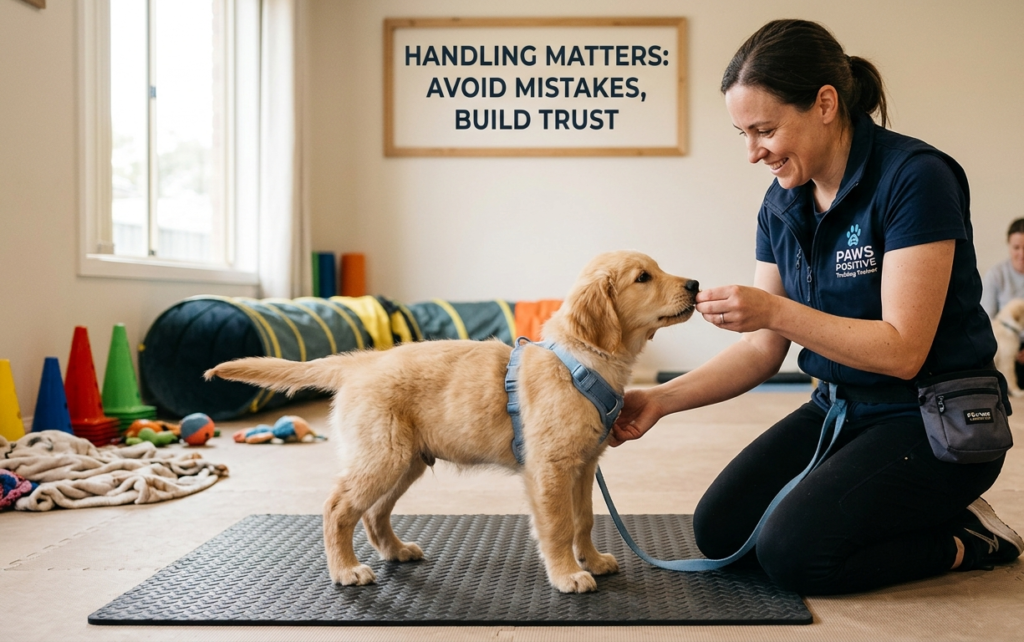 Common Puppy Training Mistakes to Avoid: A professional dog trainer uses positive reinforcement to train a Golden Retriever puppy during an indoor obedience training session.