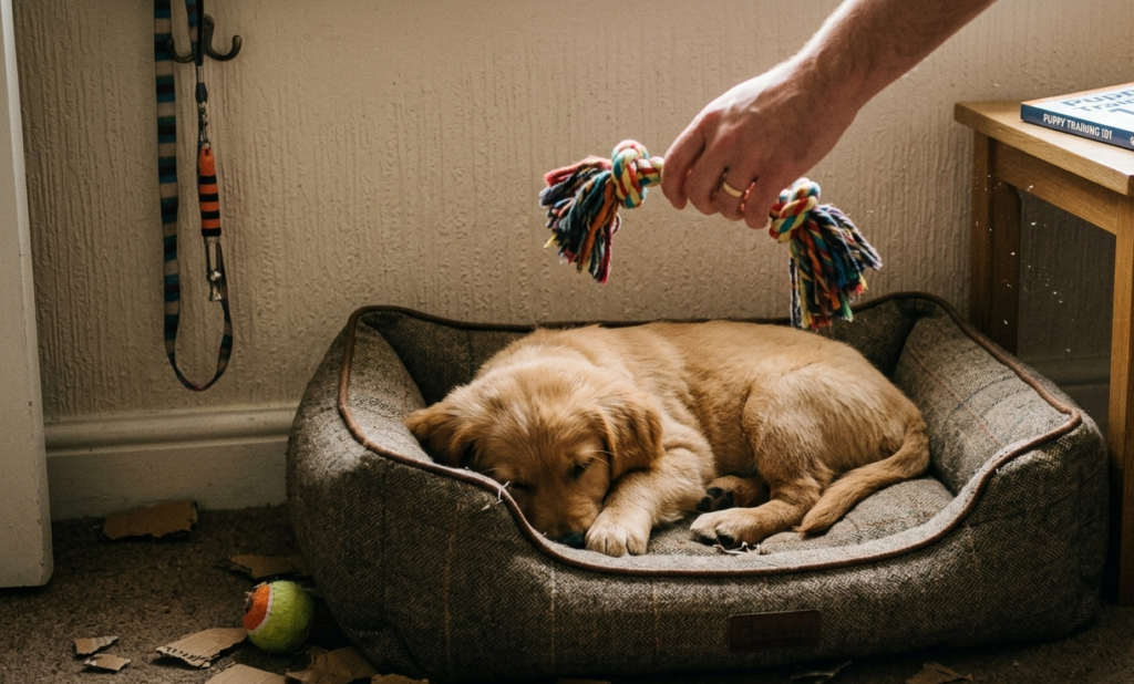 Common Puppy Training Mistakes to Avoid: A Golden Retriever puppy resting in its bed while a trainer uses a rope toy to encourage positive play and reward-based training.