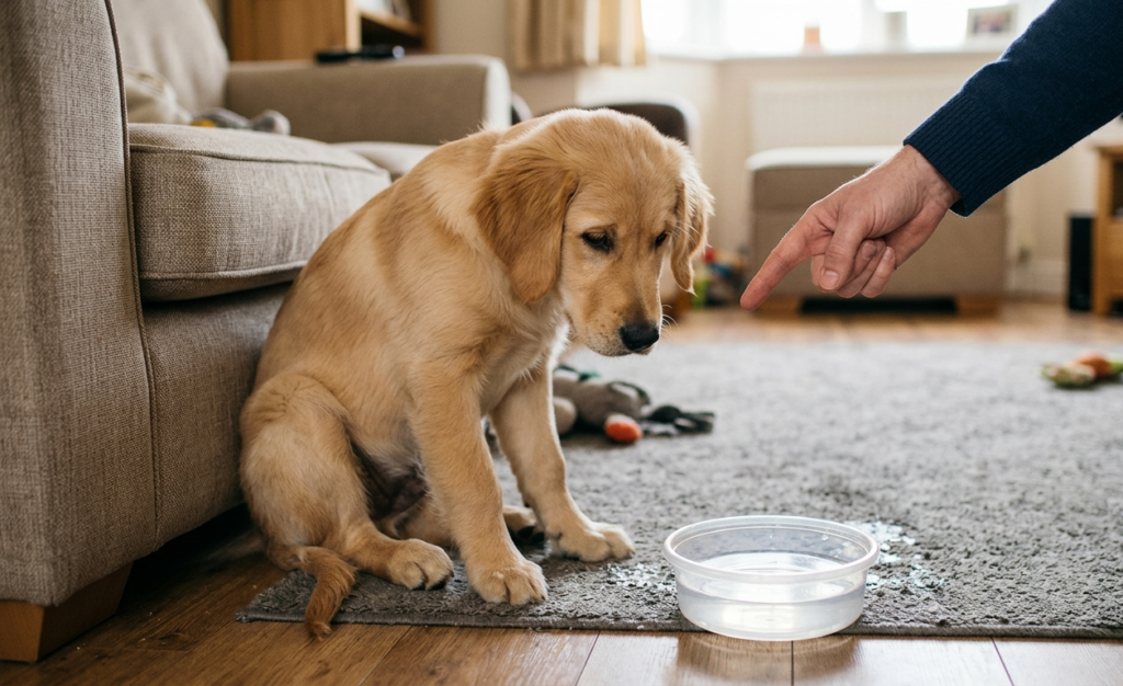 A golden retriever puppy sitting sadly next to a spilled water bowl on a rug inside a living room while a person points a scolding finger at it, demonstrating a contrast to common puppy training  mistake