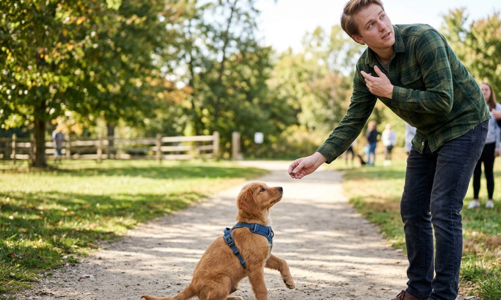 Golden Retriever puppy practicing obedience training with its owner in a park, showing common puppy training mistakes to avoid through reward-based training.