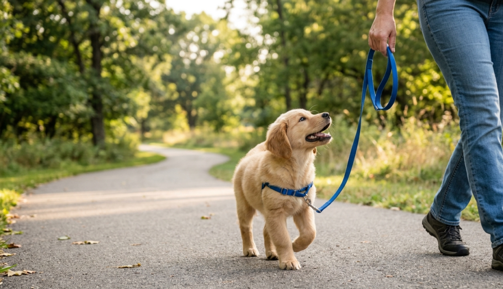 puppy walk in the park . puppy wear blue leash . puppy leash in the hand of owner.