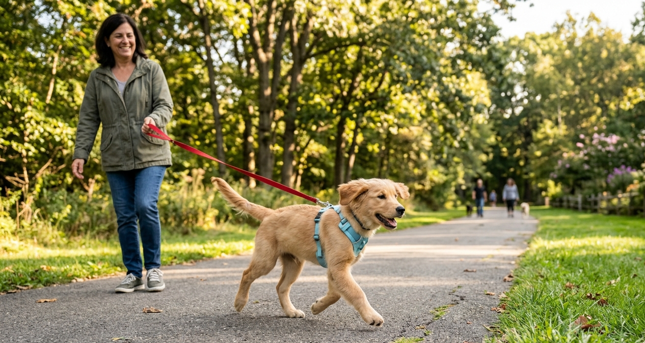 Well-trained Golden Retriever sitting quietly by its owner as people pass by, showing how to teach a dog to ignore strangers."