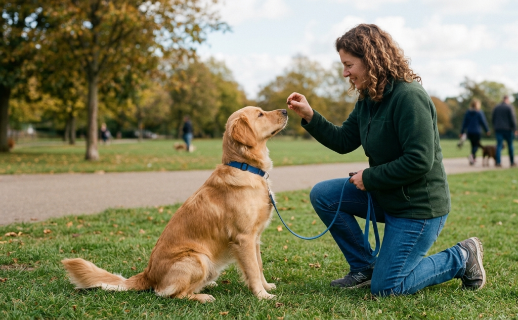 Dog training  in the park .A golden dog sitting on the grass with female