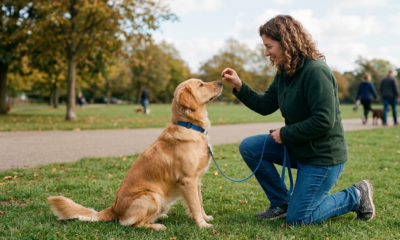 Dog training in the park .A golden dog sitting on the grass with female dog learn commands
