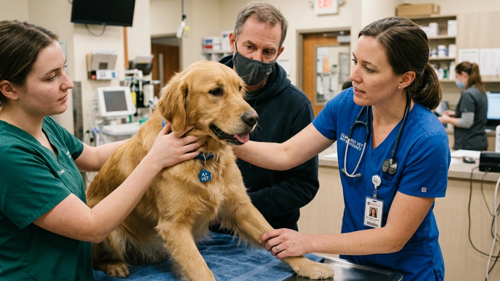 dog sitting on table . doctors check the dog because Dog Won't Eat .