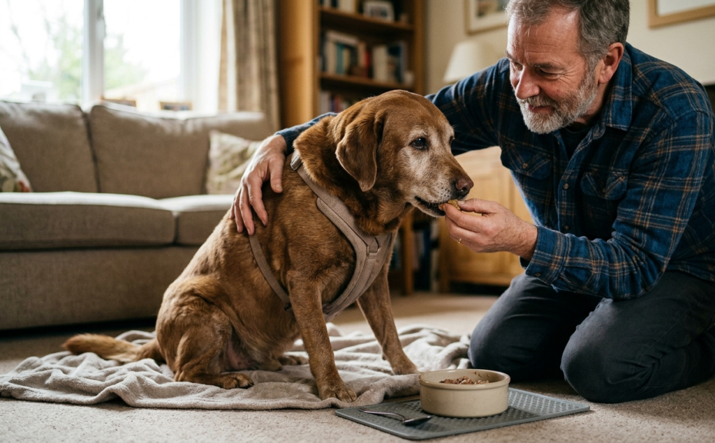 a man give food but Dog Won't Eat.