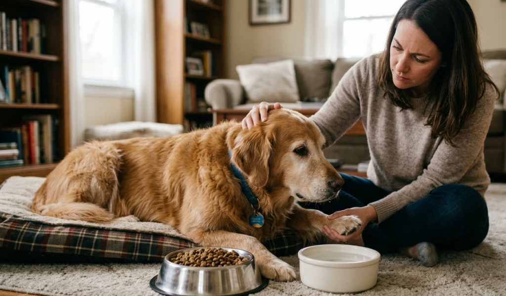 dog won't eat . a female give food . a golden dog sitting on couch .