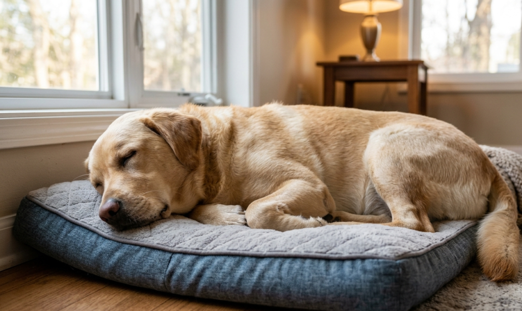 A calm Golden Retriever sleeping on a cozy pet bed, showing healthy and steady dog breathing during sleep 
