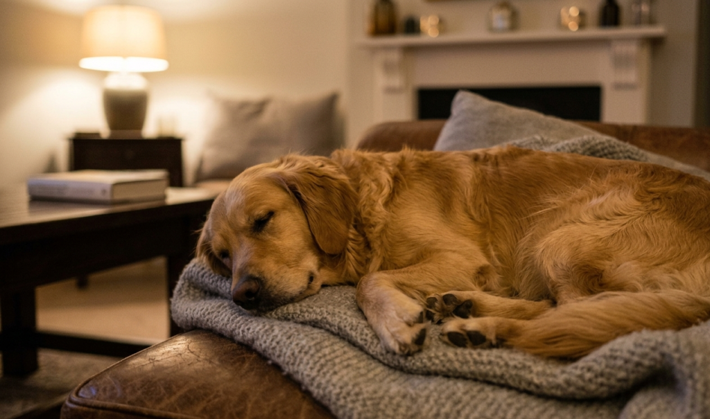 "A Golden Retriever sleeping peacefully wrapped in a soft grey blanket on a couch, breathing softly in a cozy, warm-lit living room." 