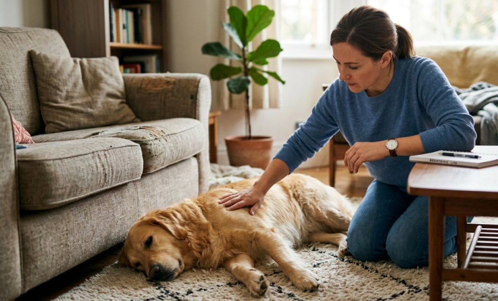 "A pet owner gently placing her hand on a sleeping Golden Retriever's chest to check its resting breathing rate at home." 