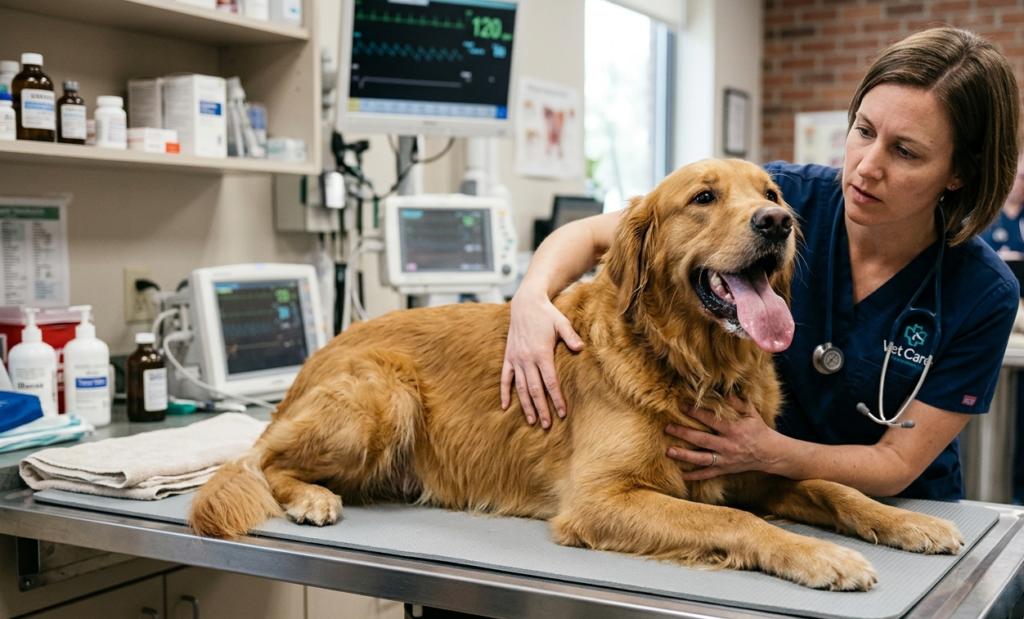 A Golden Retriever experiencing fast dog breathing while being evaluated by a veterinarian on an examination table.
