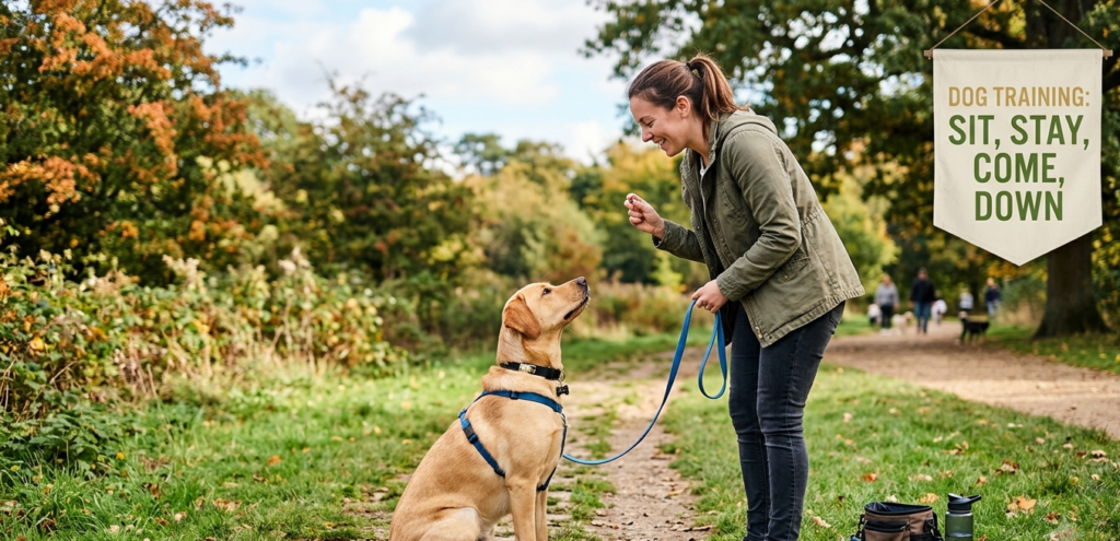 Dog training like sit stay .