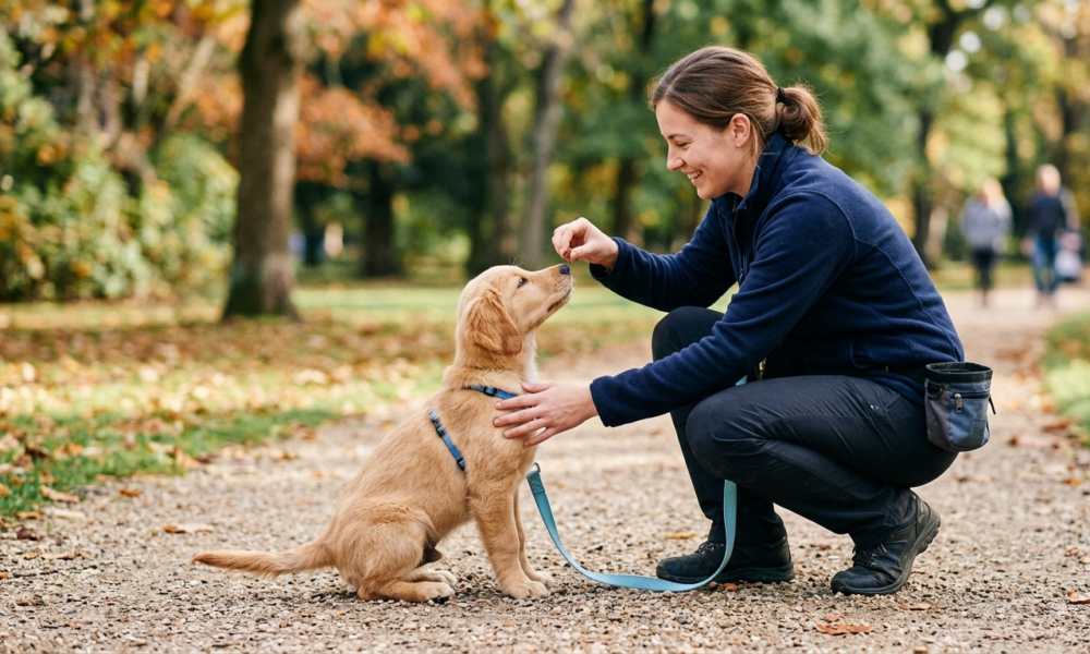 puppy training in the park . a golgen puppy sitting with female . a female giving food . puppy wear blue leash