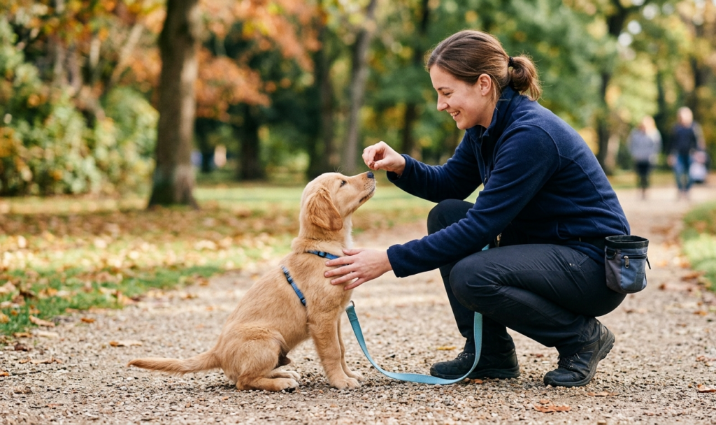 puppy training in the park . a golgen puppy sitting with female . a female giving food .  puppy wear blue leash .