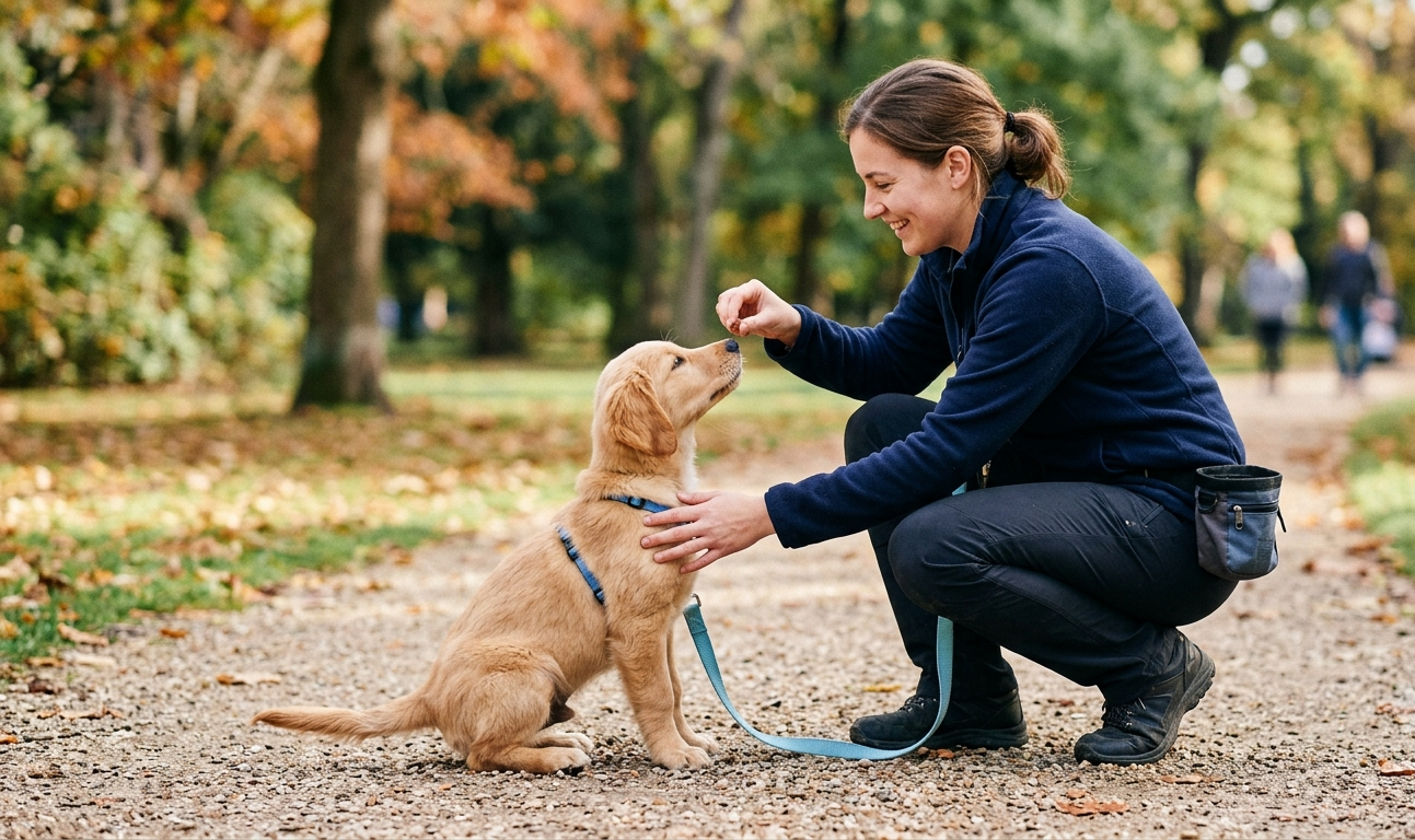 puppy training in the park . a golgen puppy sitting with female . a female giving food . puppy wear blue leash