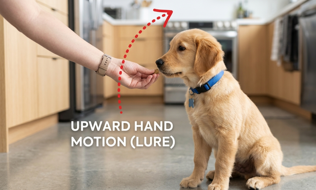 Puppy commands training   in home . owner giving food .