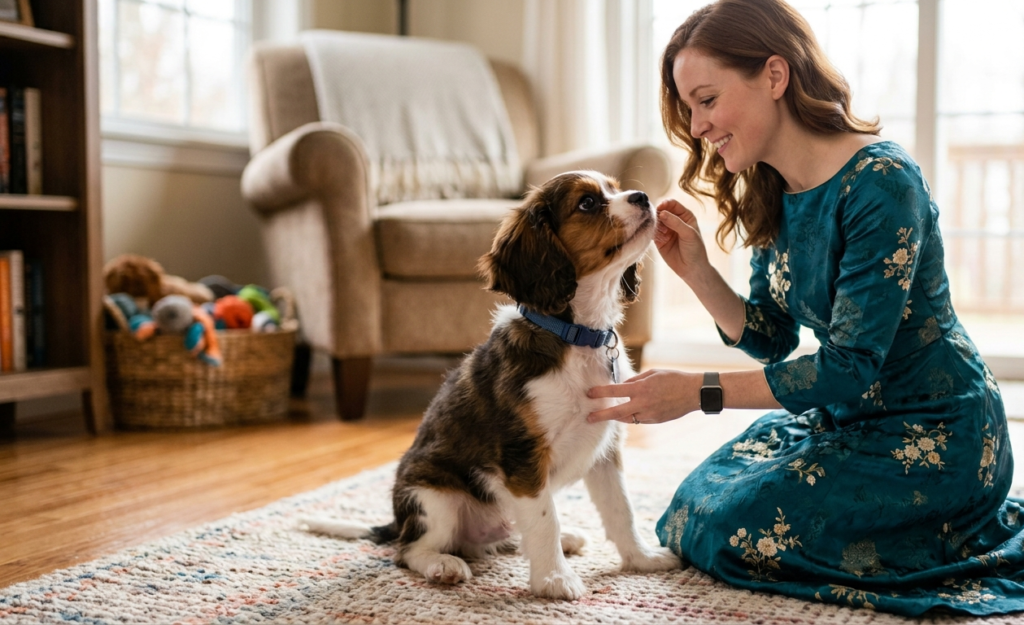 Puppy commands training in room  . puppy sitting on the floor . female play with puppy .